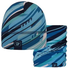 Set funkční čepice a nákrčníku Bruno - vzor 018 - modrá / tyrkysová / bílá - abstrakt