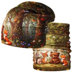Set fleecové čepice a nákrčníku Yetti - vzor 75 - zelená - zvířátka v lese