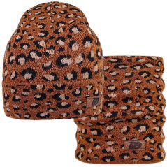 Merino pletená čepice a nákrčník Urban - vzor 20 - hnědozlatá / černá - leopard