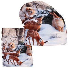 Set fleecové čepice a nákrčníku Yetti - vzor 65 - béžová - zvířátka v lese