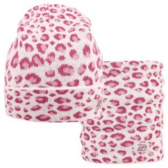 Merino pletená čepice a nákrčník Urban - vzor 17 - bílá / růžová - leopard