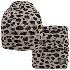 Merino pletená čepice a nákrčník Urban - vzor 26 - šedá / černá - leopard