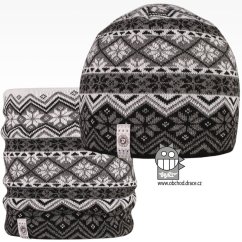 Merino set, pletená čepice a nákrčník Oslo - vzor 07 - černá / šedá / bílá