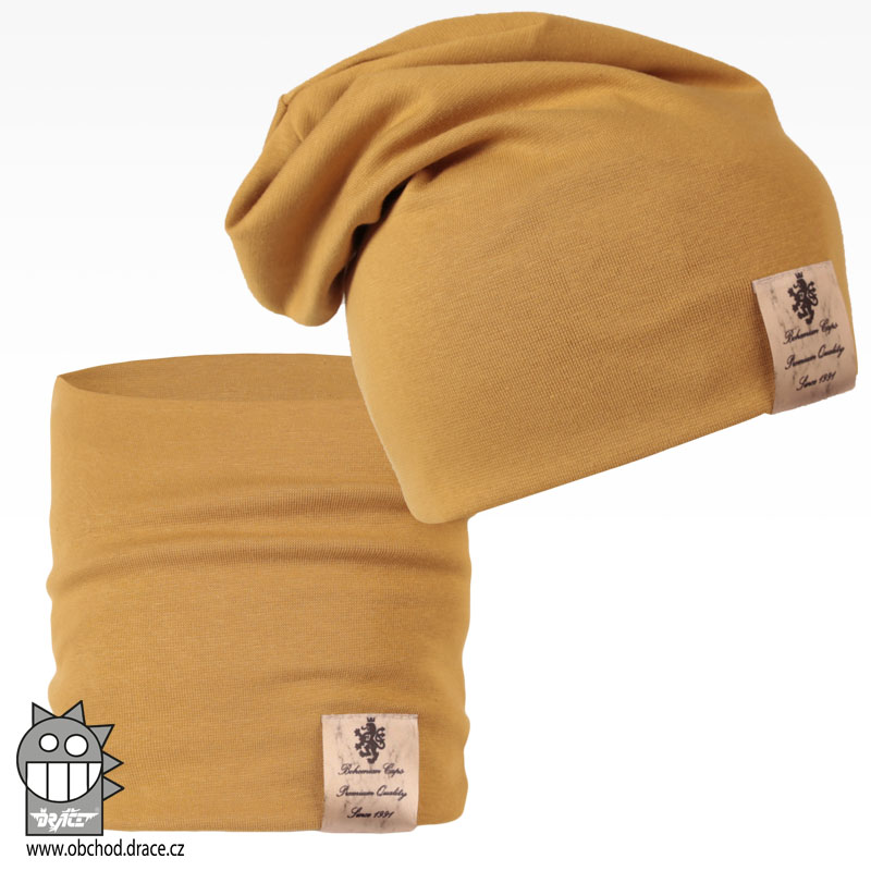 Bavlněná čepice s nákrčníkem Pastels DOUBLE set - vzor 27 - tmavá hořčicová