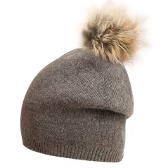 Dámská zimní pletená kašmírová čepice - vzor 051 - šedá - bambule z pravé kožešiny