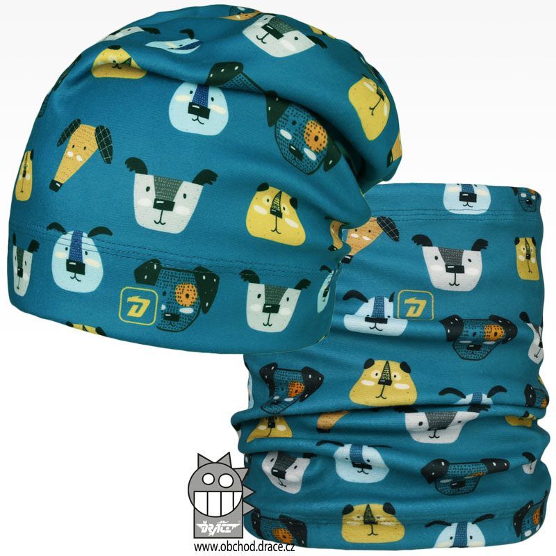 Set fleecové čepice a nákrčníku Yetti - vzor 03 - petrol, pejsci Set fleecové čepice a nákrčníku Yetti - vzor 03 - petrol, pejsci
