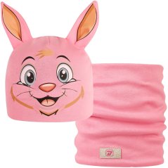 Dětská bavlněná čepice s nákrčníkem Zoo - zvířátka - vzor 15 - růžová - králíček