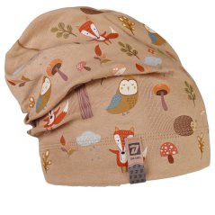 Spadlá bavlněná čepice Pepe - vzor 08 - béžová- lesní zvířátka