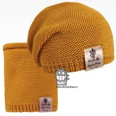 Čepice pletená a nákrčník Colors set - vzor 13 - tmavě hořčicová