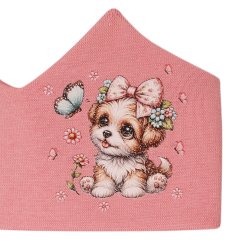 Dětská bavlněná čelenka korunka - vzor 031 - starorůžová - pejsek s motýlkem