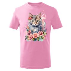 Dětské bavlněné tričko s potiskem - vzor 027 - růžová / kočka s květinami