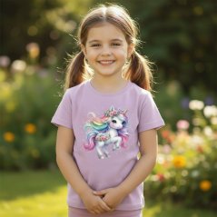 Dětské bavlněné tričko s třpytivým potiskem - vzor 0231 - Duhový jednorožec