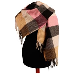 Dámská elegantní šála - vzor 058 - krémová / černá / růžová - kostka