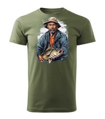 Bavlněné unisex tričko s potiskem - vzor 0013 - hnědozelená /Rybář