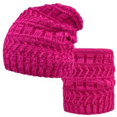 Pletená čepice a nákrčník Charm - vzor 011 - růžový melír NEON
