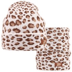 Merino pletená čepice a nákrčník Urban - vzor 18 - krémová / hnědá - leopard
