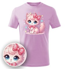 Dětské bavlněné tričko s třpytivým potiskem - vzor 228 - Kočka s mašlí