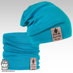 Bavlněná čepice s nákrčníkem Pastels DOUBLE set - vzor 09 - tyrkysová