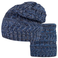 Pletená čepice a nákrčník Charm - vzor 005 - modrá melír