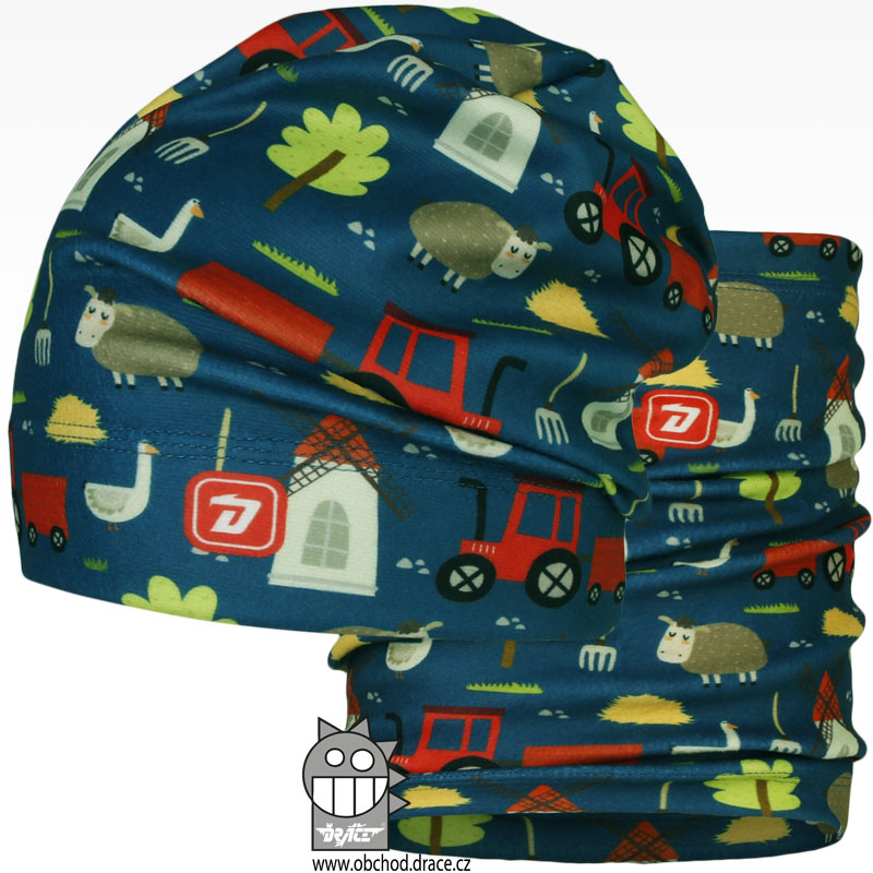 Set fleecové čepice a nákrčníku Yetti - vzor 21 - petrol, traktor
