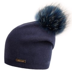 Dámská zimní pletená kašmírová čepice  - vzor 047 - modrá - bambule z pravé kožešiny