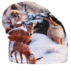 Fleecová čepice Yetti - vzor 65 - béžová - zvířátka v lese