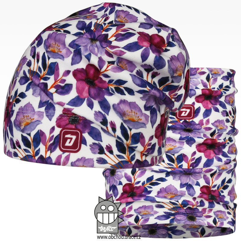 Set fleecové čepice a nákrčníku Yetti - vzor 20 - fialová, květy