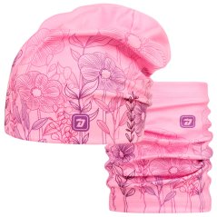 Set fleecové čepice a nákrčníku Yetti - vzor 51 - růžová - květiny
