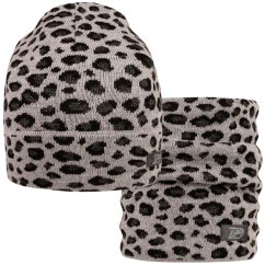 Merino pletená čepice a nákrčník Urban - vzor 26 - šedá / černá - leopard