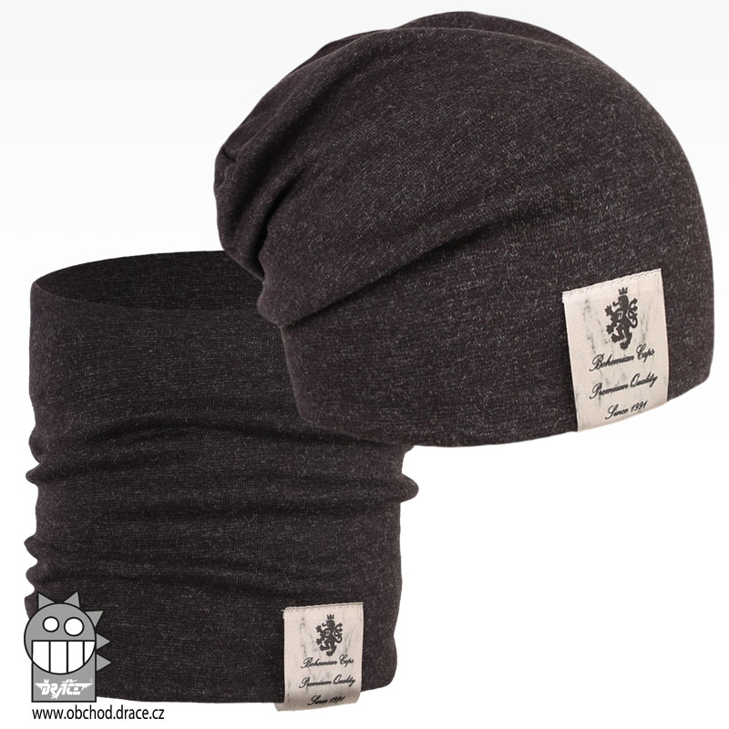 Bavlněná čepice s nákrčníkem Pastels DOUBLE set - vzor 40 - černá / melír