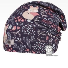 Bavlněná celopotištěná spadlá čepice - vzor 11 - fialová, liška