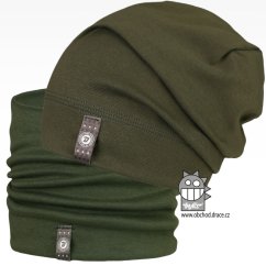 Set spadlé bavlněné čepice a nákrčníku Alan - vzor 12 - khaki zelená