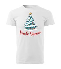 Bavlněné unisex tričko s potiskem - vzor 0022 - bílá/ Veselé Vánoce - stromeček