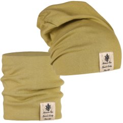 Bavlněná čepice s nákrčníkem Pastels DOUBLE set - vzor 46 - olivová