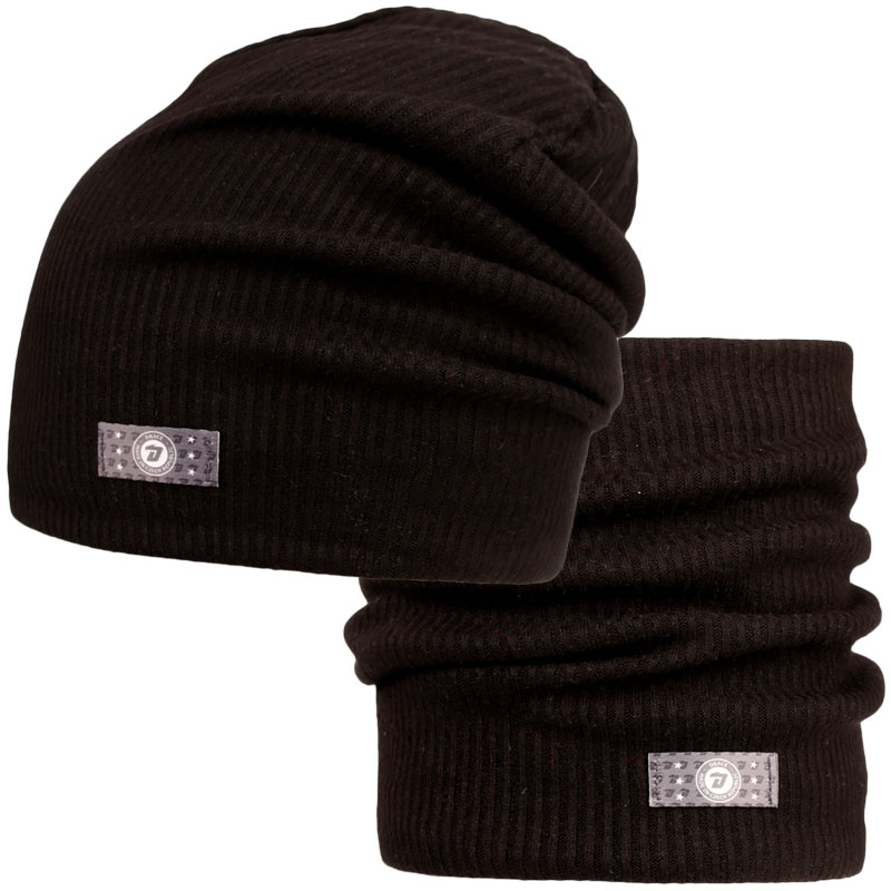 Spadlá čepice s nákrčníkem Rayon Rib set - vzor 001 - černá