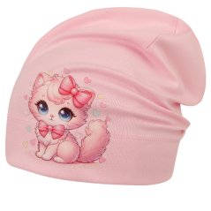 Spadlá bavlněná čepice Pepe - vzor 52 - světle růžová -  kočička s mašlí