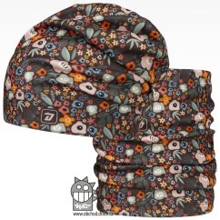 Set fleecové čepice a nákrčníku Yetti - vzor 08 - šedo-hnědá, kytičky