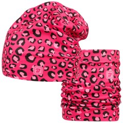 Set fleecové čepice a nákrčníku Yetti - vzor 58 - růžová neon - leopard