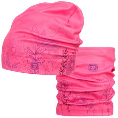 Set fleecové čepice a nákrčníku Yetti - vzor 52 - růžová neon - květiny