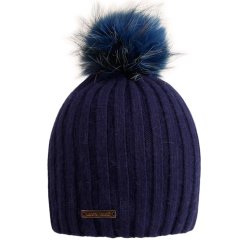 Dámská zimní pletená kašmírová čepice - vzor 062 - tmavě modrá - bambule z pravé kožešiny