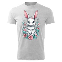 Dětské bavlněné tričko s potiskem - vzor 032 - světle šedá / králík s květinami
