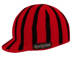 Zimní pletená čepice  s kšiltem - AKCE / DOPRODEJ - vzor 195 - černá / červená - proužek