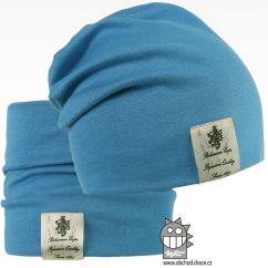 Bavlněná čepice s nákrčníkem Pastels DOUBLE set - vzor 32 - modrá azurová