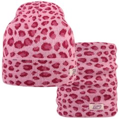 Merino pletená čepice a nákrčník Urban - vzor 22 - fialková / růžová - leopard
