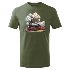 Dětské bavlněné tričko s potiskem - vzor 0062 - khaki / vlak