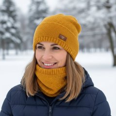 Čepice pletená a nákrčník Colors set - vzor 056 - hořčicová