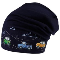 Spadlá bavlněná čepice Pepe - vzor 14 - tm. modrá - auta