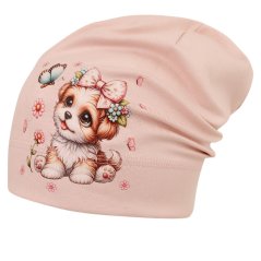 Spadlá bavlněná čepice Pepe - vzor 51 - světle pudrová -  pejsek s motýlkem