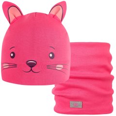 Dětská bavlněná čepice s nákrčníkem Zoo - zvířátka - vzor 08 - růžová neon - kočička