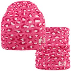 Merino pletená čepice a nákrčník Urban - vzor 23 - růžová / bílá - leopard